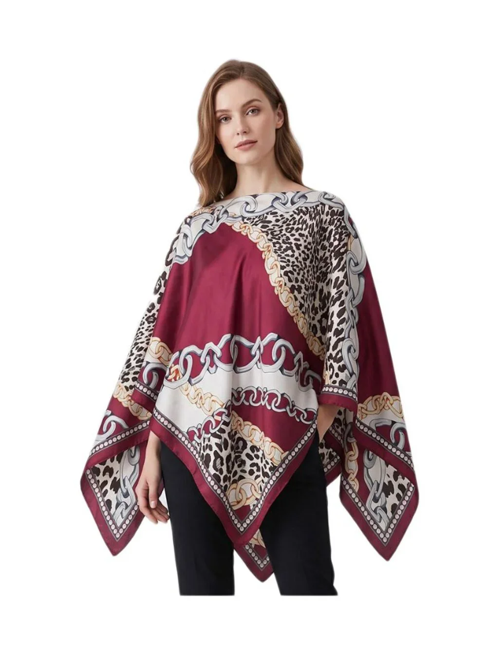 Tigerstars Burgundy Leopard Chain Print Scarf Poncho